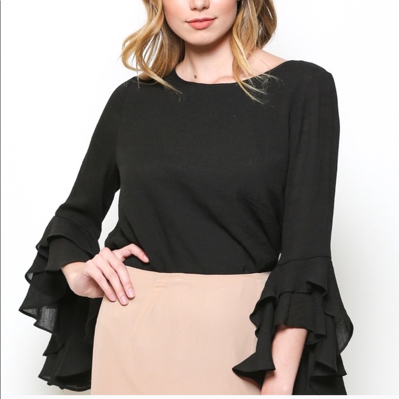 Esley Tops - Beautiful Black Bell/Ruffle Sleeve blouse S/M/L